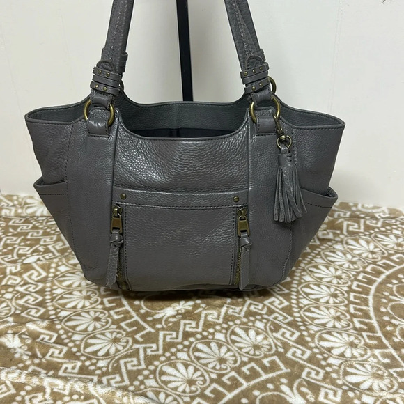 The Sak Grey 100% Leather Pebbled Double Handle Purse Handbag Some Pink Lining - Picture 1 of 16